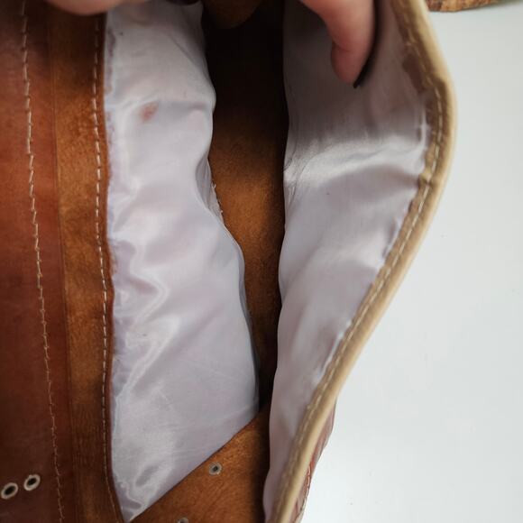 Leather Patchwork Tooled Saddle Bag Brown Cognac Purse Messenger Crossbody - Picture 7 of 15